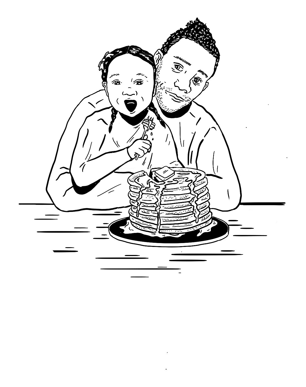Illustration of a father and daughter sharing a stack of pancakes