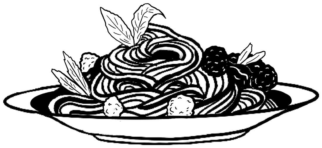 Illustration of a plate of spaghetti and meatballs with basil